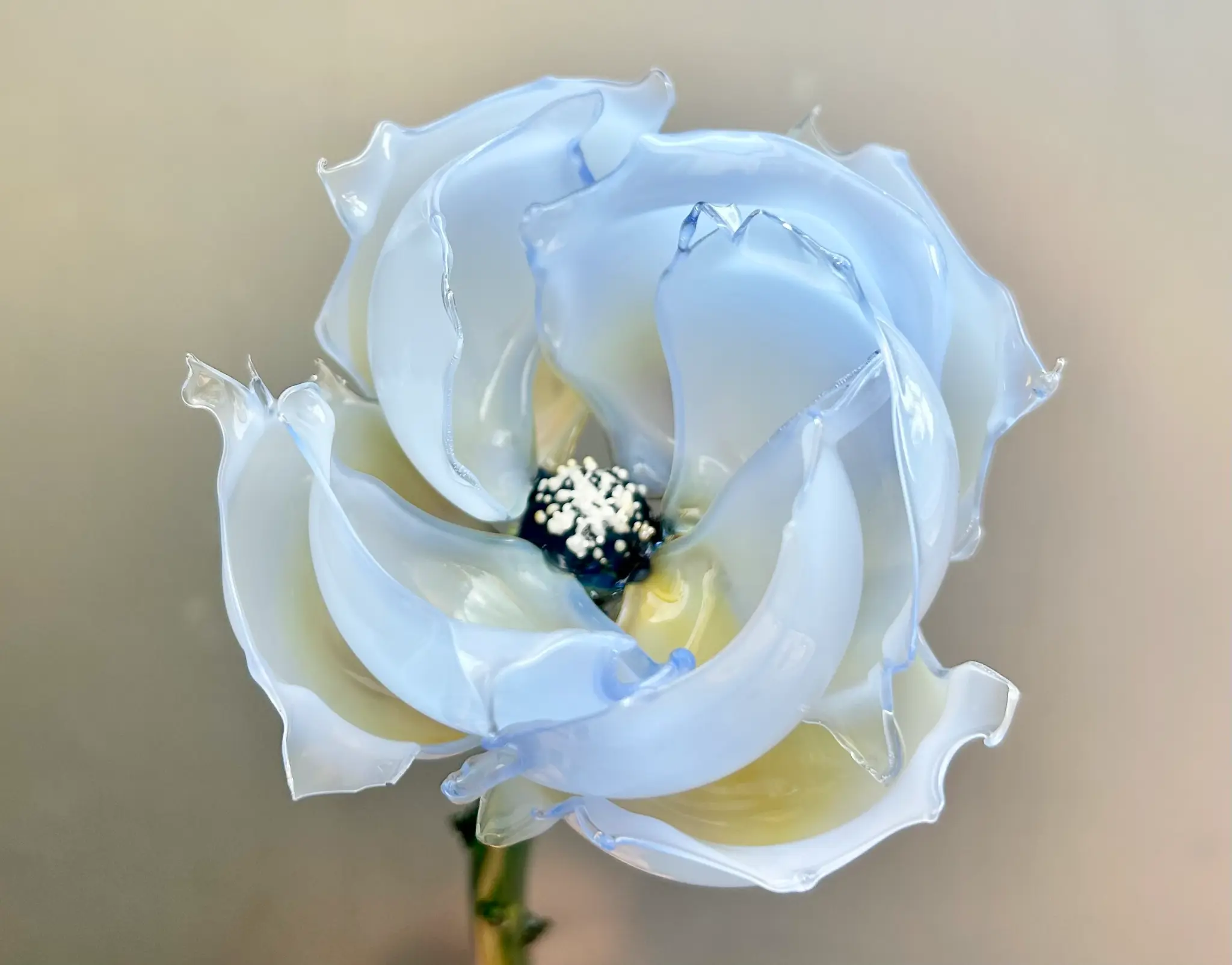 Blue glass rose with botanical detail