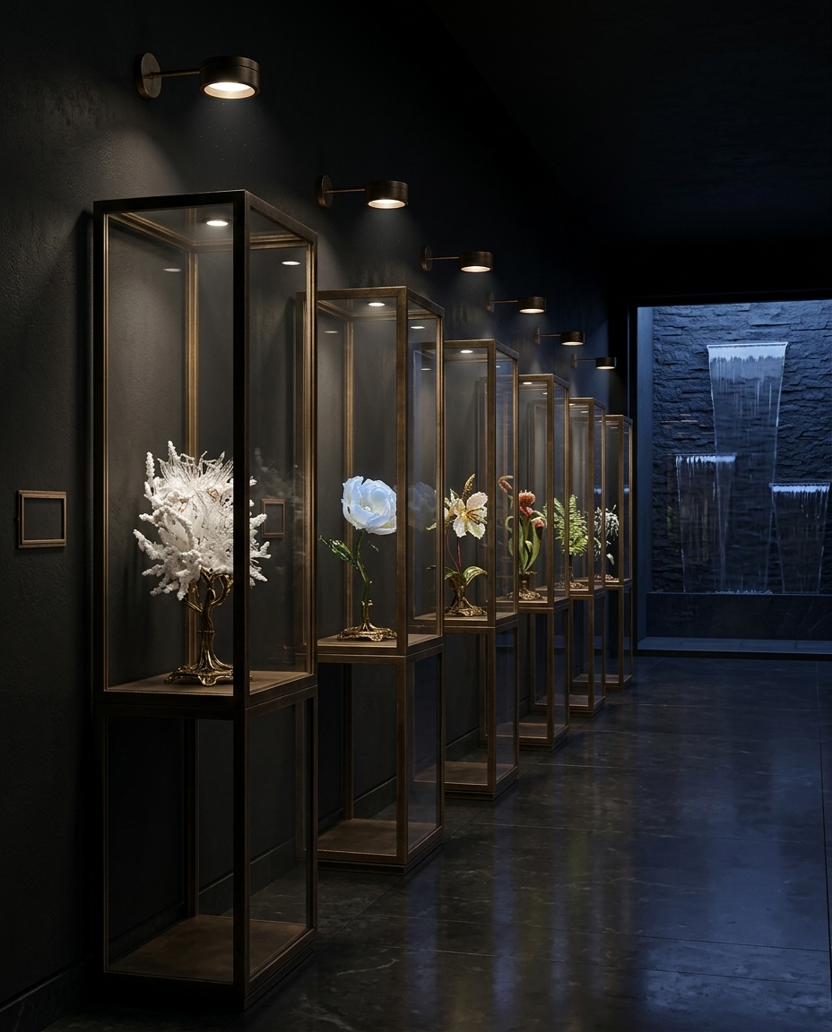 Concept rendering of collector specimens displayed in lit vitrines