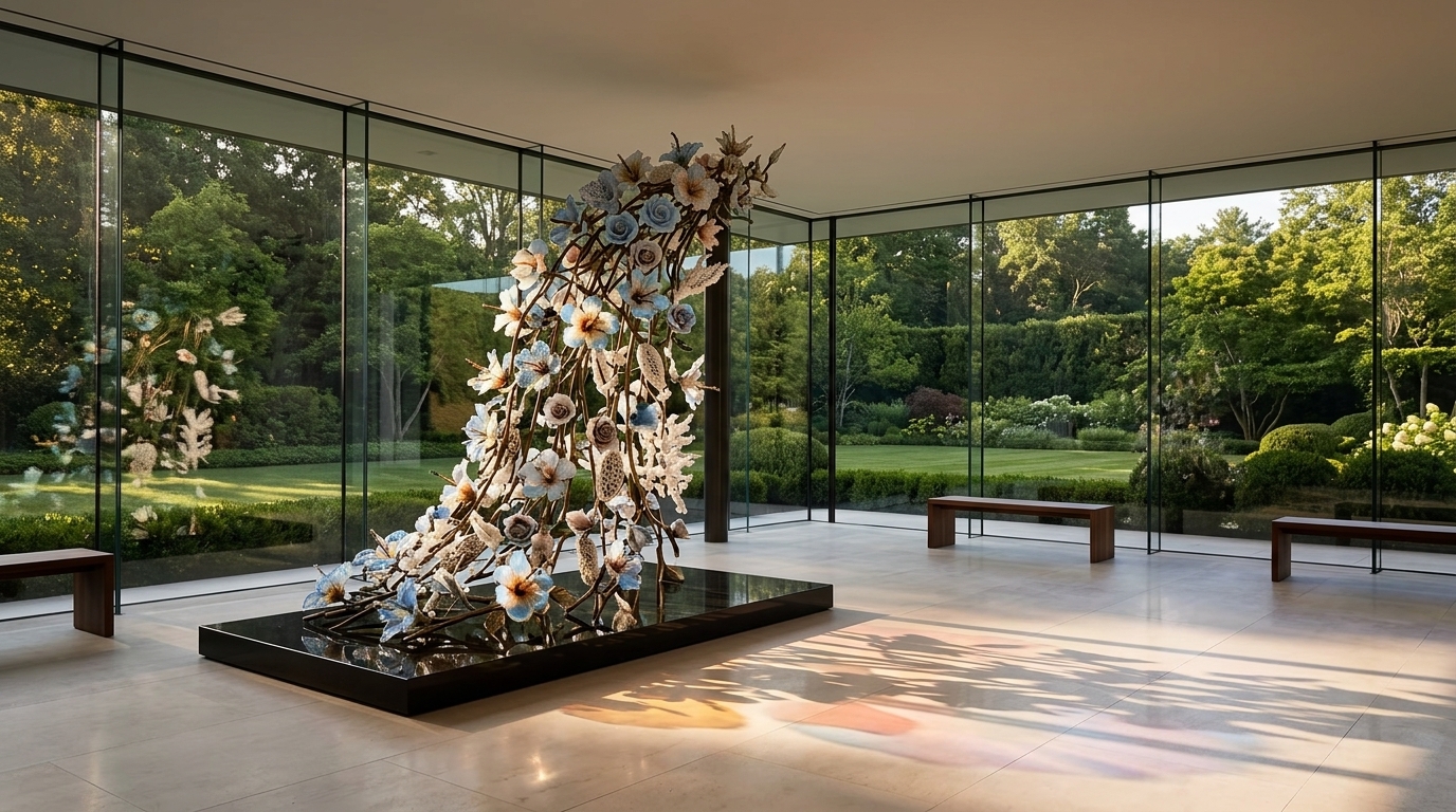 Concept rendering: a botanical glass installation in a glazed garden pavilion