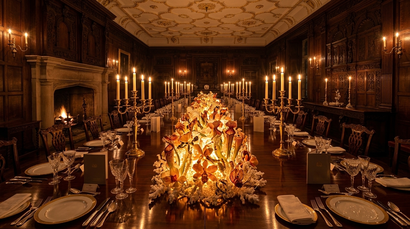 Concept rendering: a monumental glass botanical centerpiece on a candlelit table